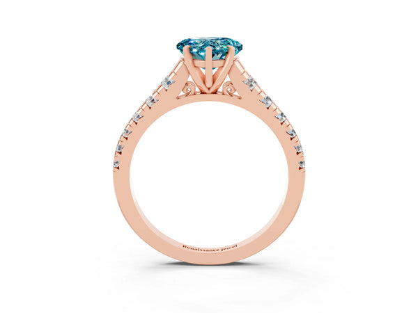 Rose gold Heart Cut Blue Topaz Cathedral Solitaire Ring with Round  Pavé Band