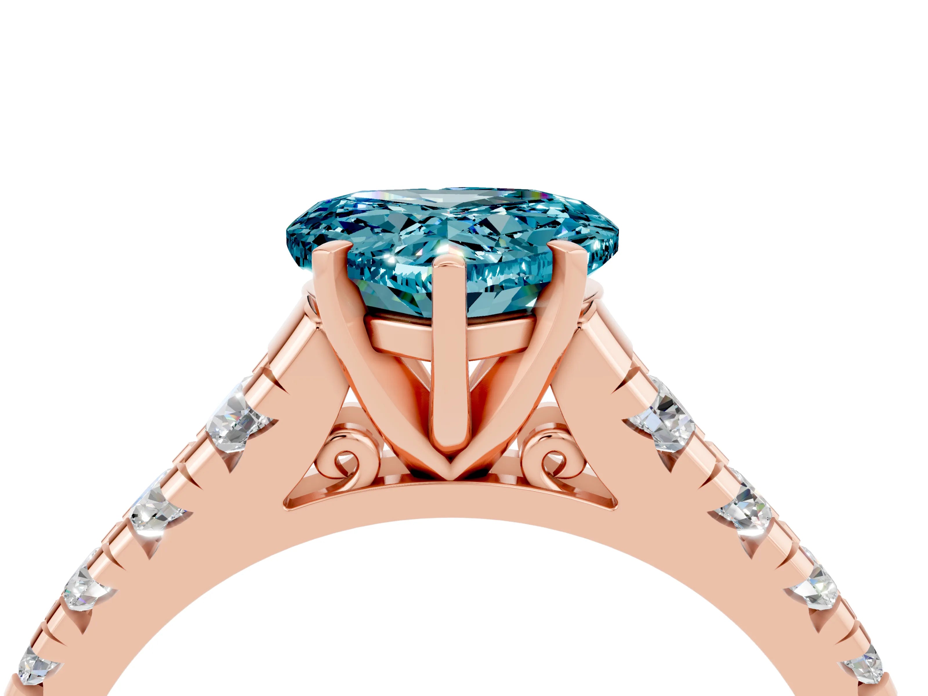 Rose gold Heart Cut Blue Topaz Solitaire Ring with Cathedral Setting and Pavé Band_4