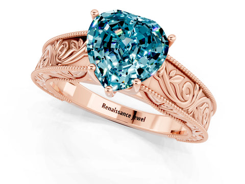 Rose gold Heart Cut Blue Topaz Solitaire Ring with Engraved Band and Four-Prong Setting_1