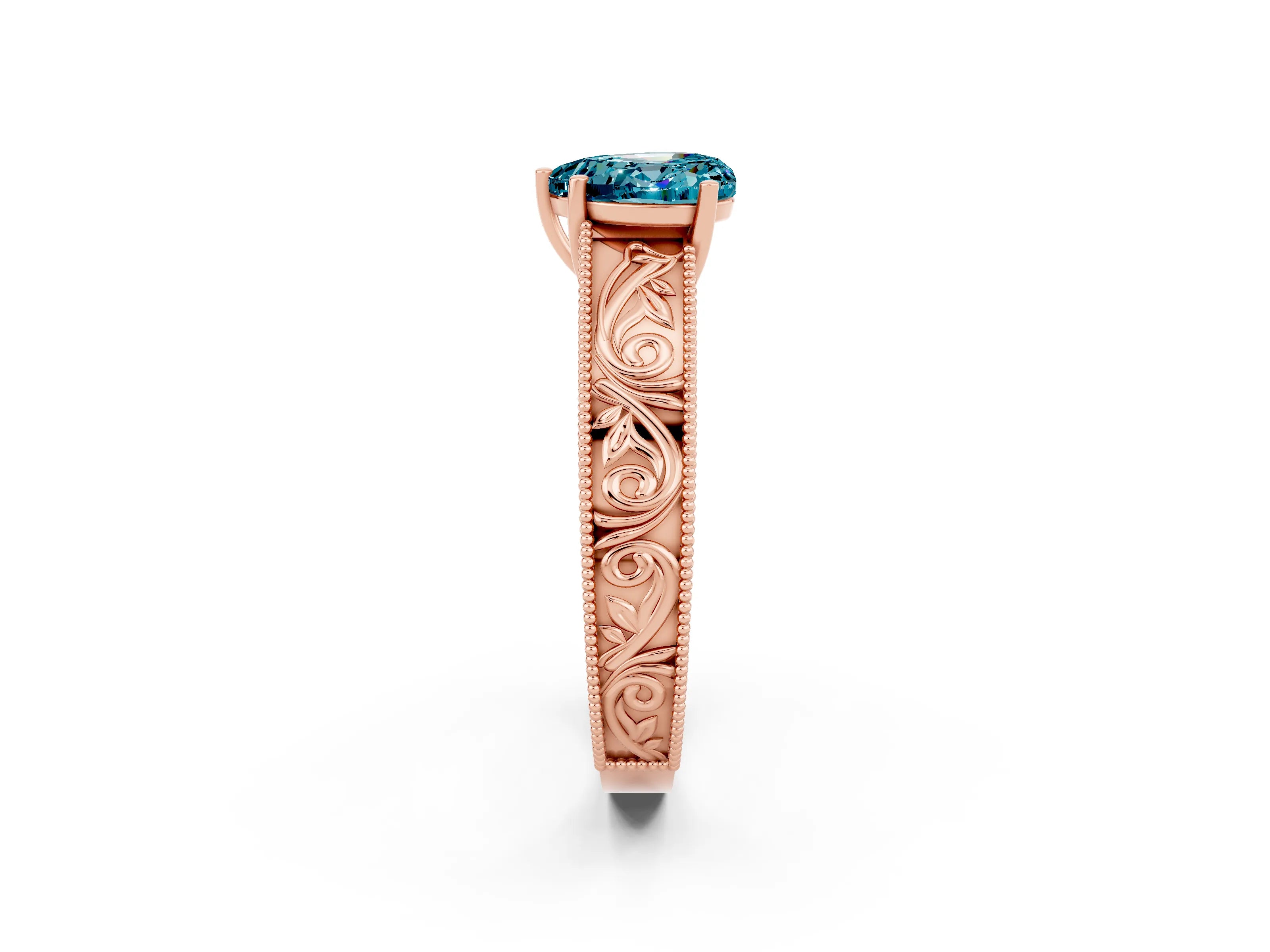 Rose gold Heart Cut Blue Topaz Solitaire Ring with Engraved Band and Four-Prong Setting_2