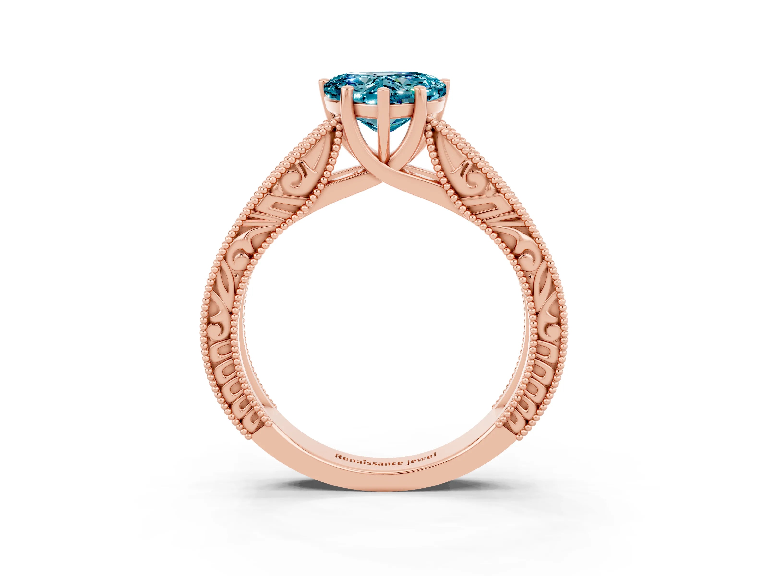Rose gold Heart Cut Blue Topaz Solitaire Ring with Engraved Band and Four-Prong Setting_3
