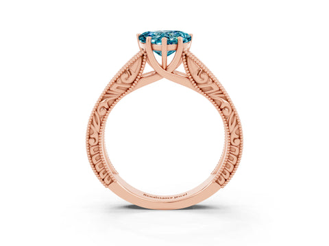 Rose gold Heart Cut Blue Topaz Solitaire Ring with Engraved Band and Four-Prong Setting_3