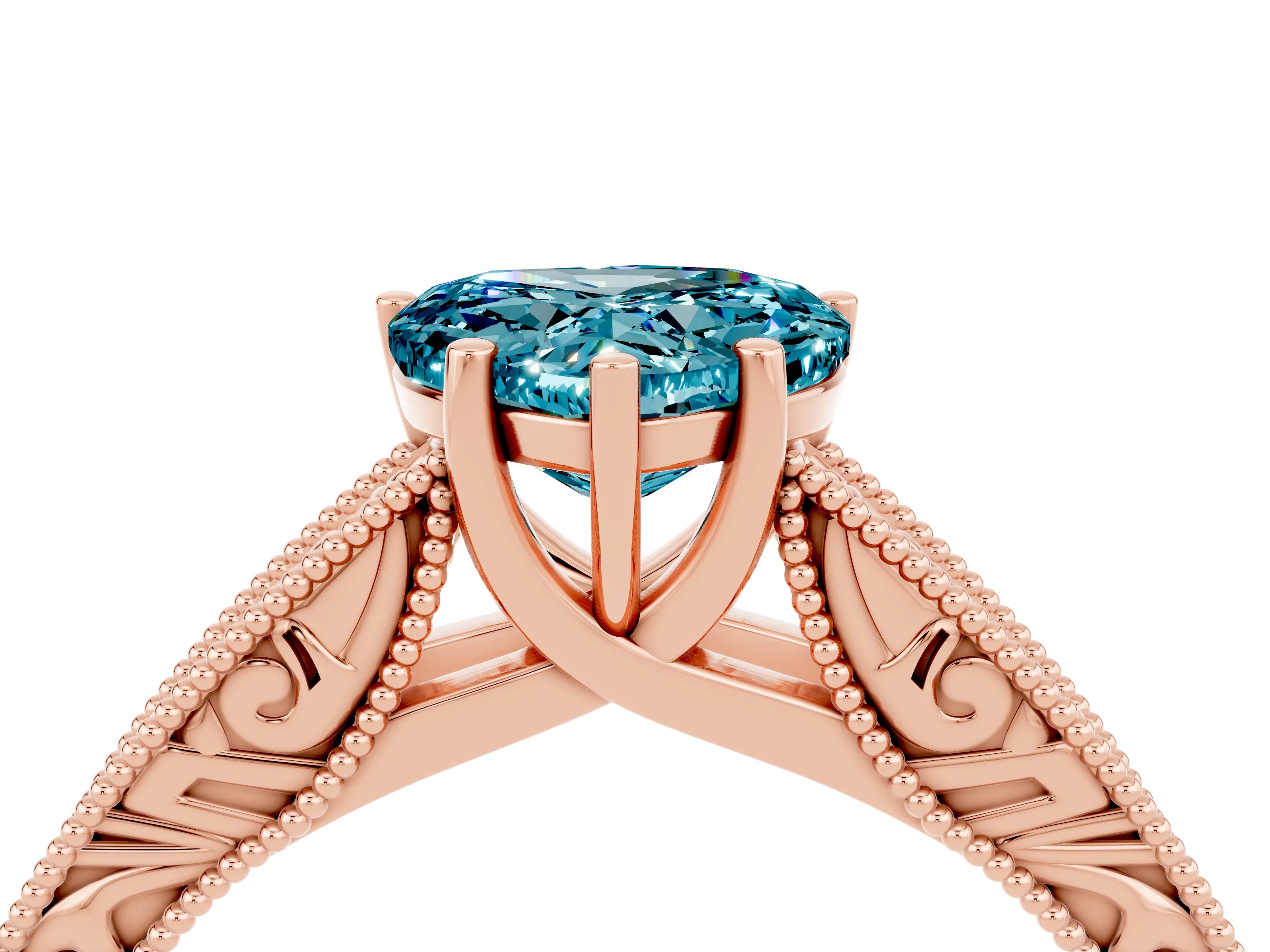 Rose gold Heart Cut Blue Topaz Solitaire Ring with Engraved Band and Four-Prong Setting_4