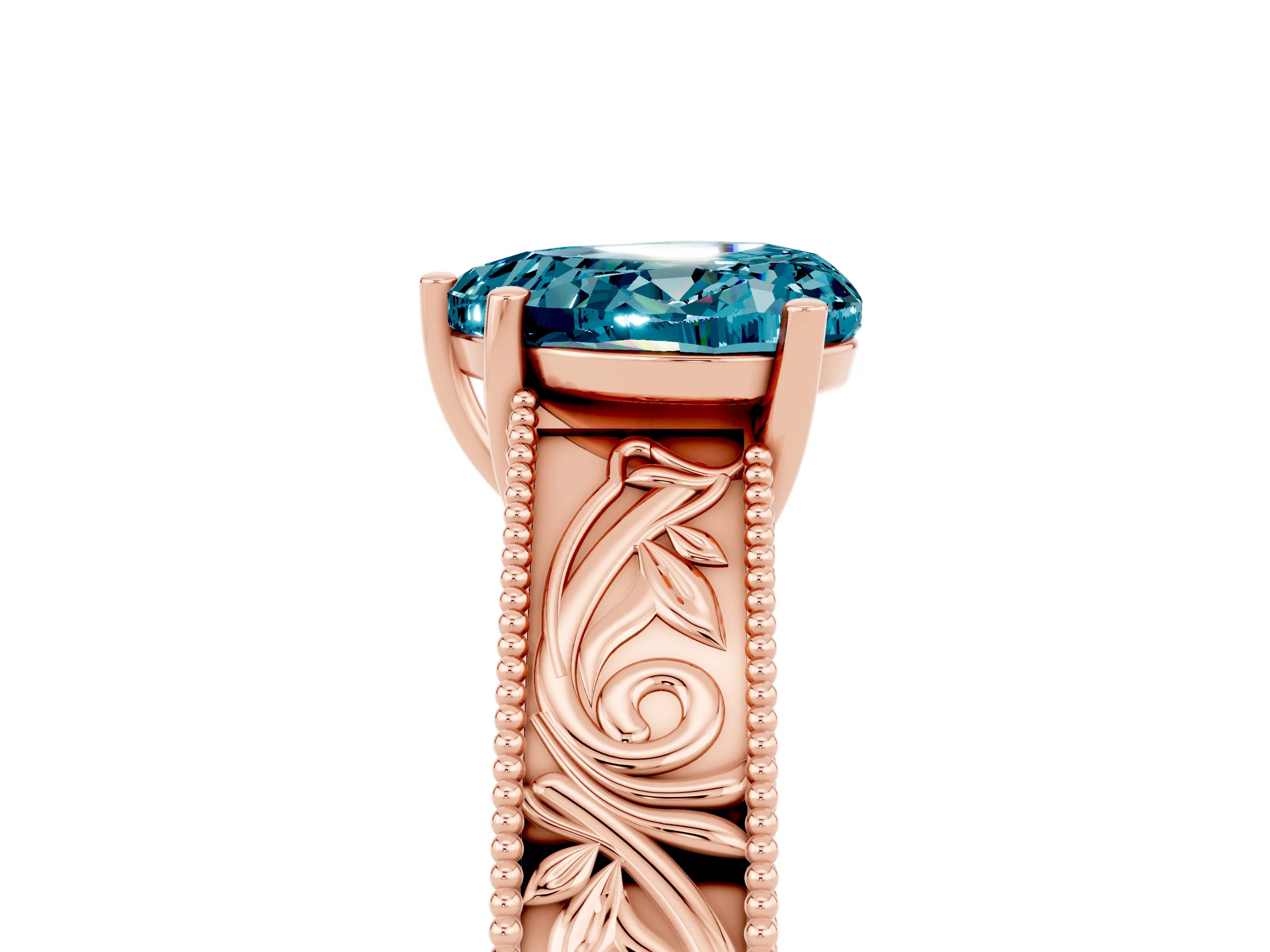 Rose gold Heart Cut Blue Topaz Solitaire Ring with Engraved Band and Four-Prong Setting_5