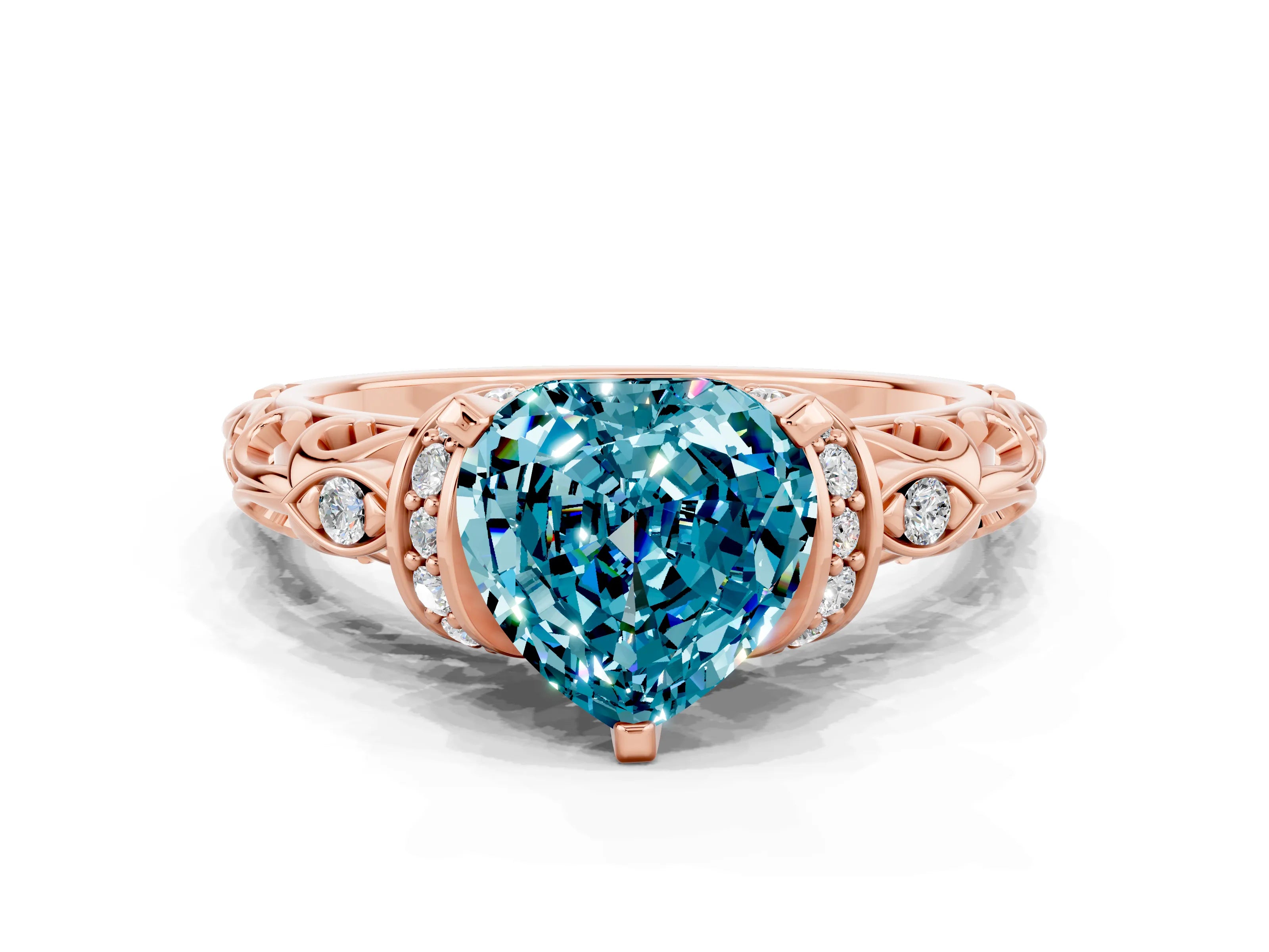 Rose gold Heart Cut Blue Topaz Solitaire Ring with Filigree Band and Four-Prong Setting_24