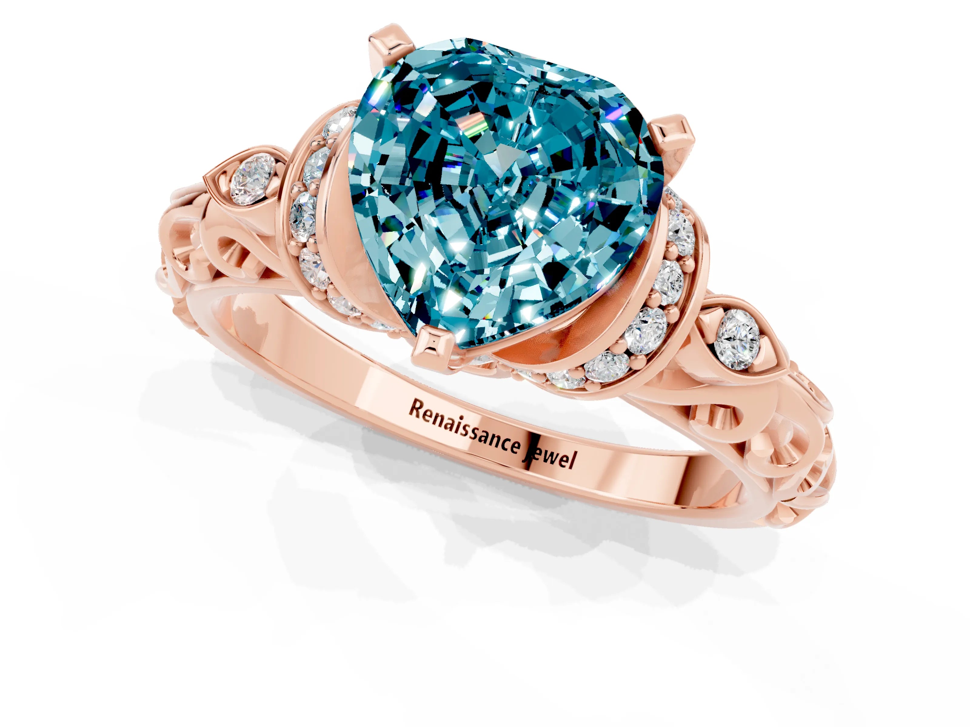 Rose gold Heart Cut Blue Topaz Solitaire Ring with Filigree Band and Four-Prong Setting_25