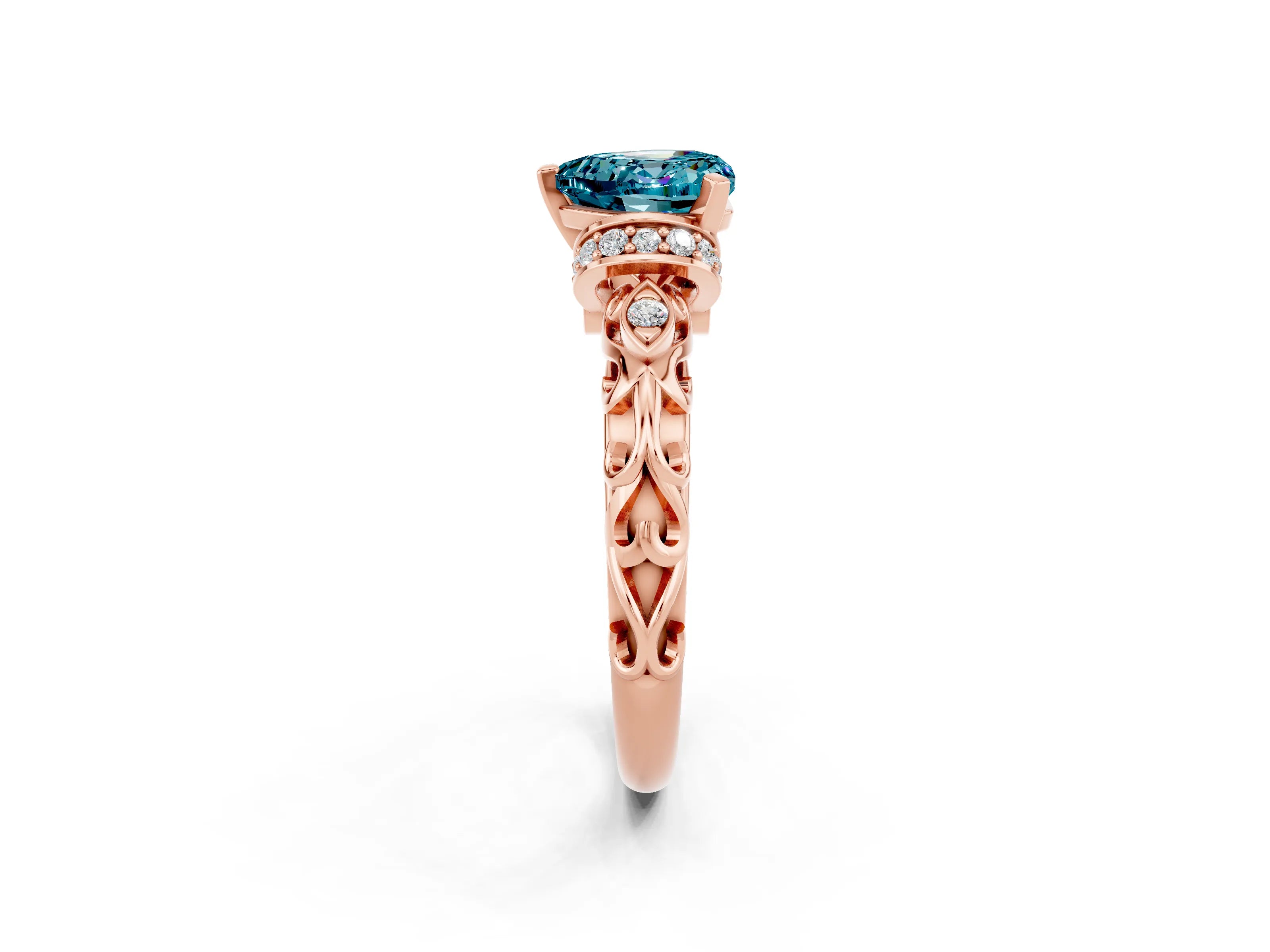 Rose gold Heart Cut Blue Topaz Solitaire Ring with Filigree Band and Four-Prong Setting_26