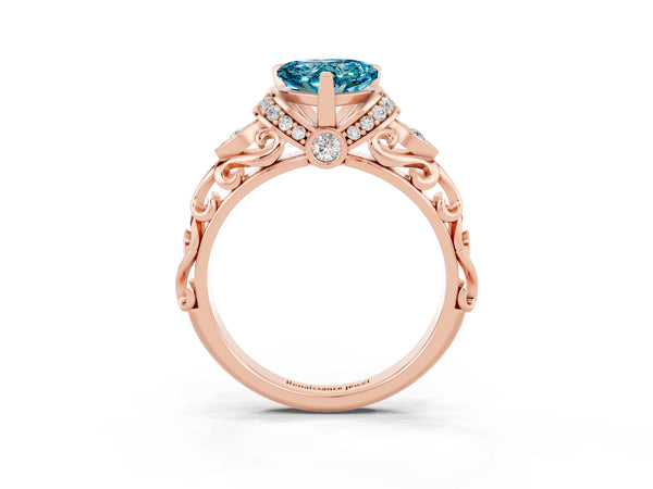 Rose gold Heart Cut Blue Topaz Solitaire Ring with Filigree Band and Four-Prong Setting