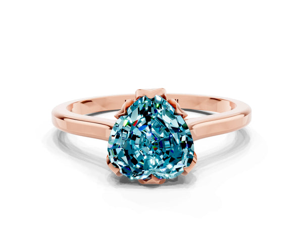 Rose gold Heart Cut Blue Topaz Solitaire Ring with Flower Prong Setting and Classic Band