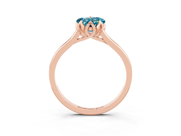 Rose gold Heart Cut Blue Topaz Solitaire Ring with Flower Prong Setting and Classic Band