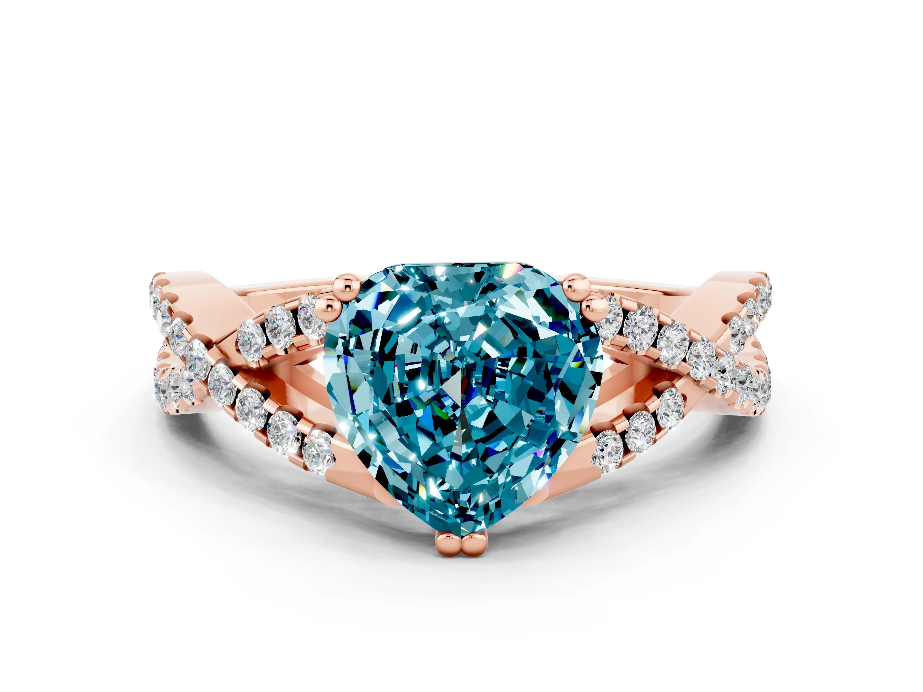 Rose gold Heart Cut Blue Topaz Solitaire Ring with Four-Prong Setting and Twisted Pavé Band