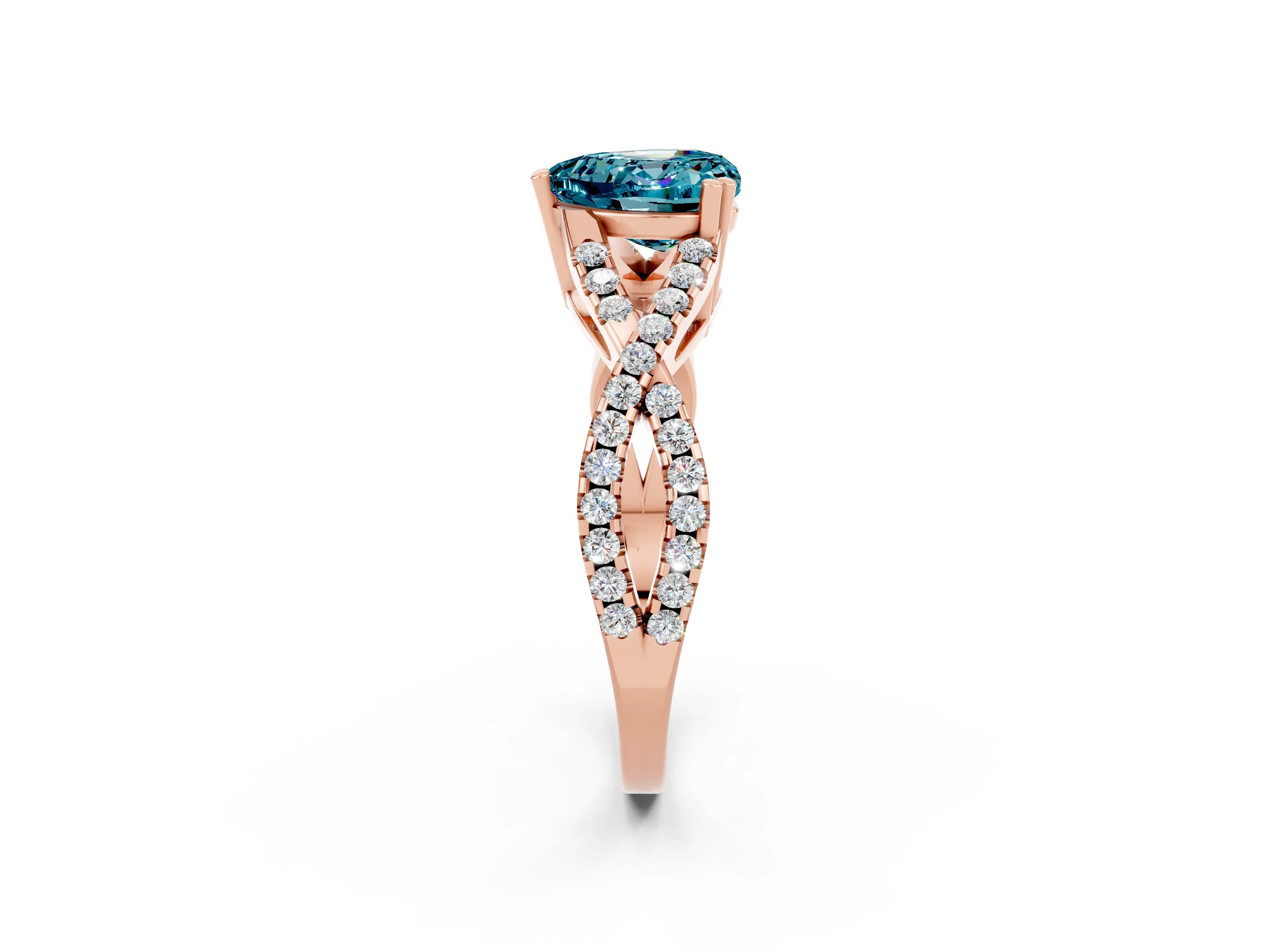 Rose gold Heart Cut Blue Topaz Solitaire Ring with Four-Prong Setting and Twisted Pavé Band_2