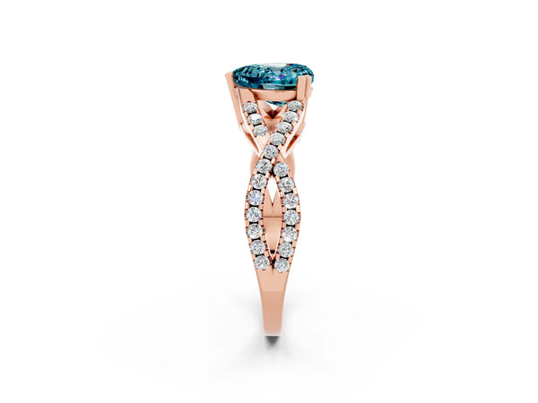 Rose gold Heart Cut Blue Topaz Solitaire Ring with Four-Prong Setting and Twisted Pavé Band