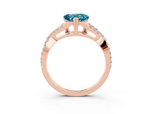 Rose gold Heart Cut Blue Topaz Solitaire Ring with Four-Prong Setting and Twisted Pavé Band
