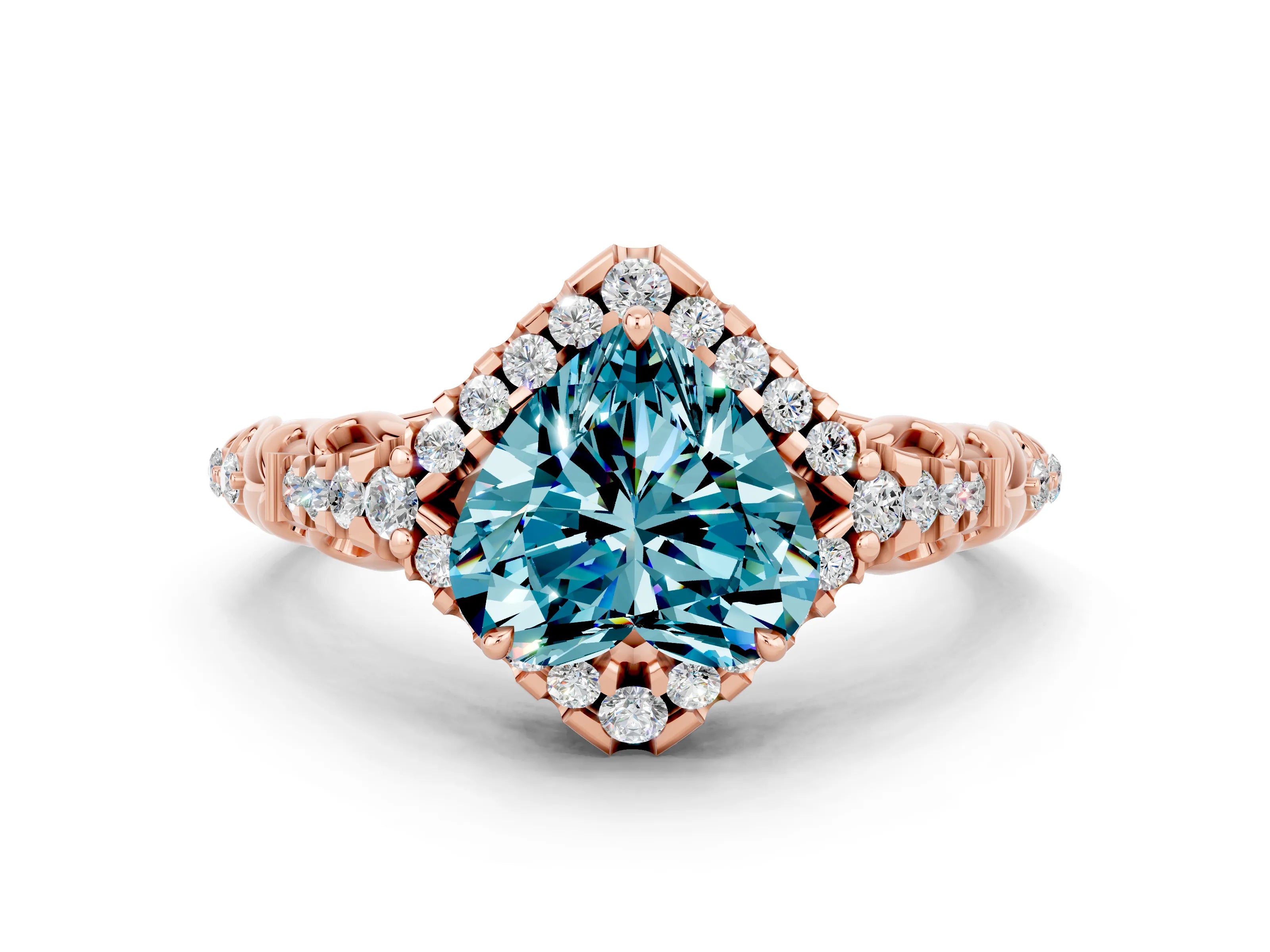 Rose gold Heart Cut Blue Topaz Solitaire Ring with Hidden Halo and Pavé Band_12