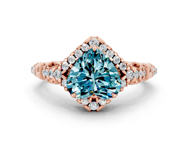 Rose gold Heart Cut Blue Topaz Solitaire Ring with Hidden Halo and Pavé Band