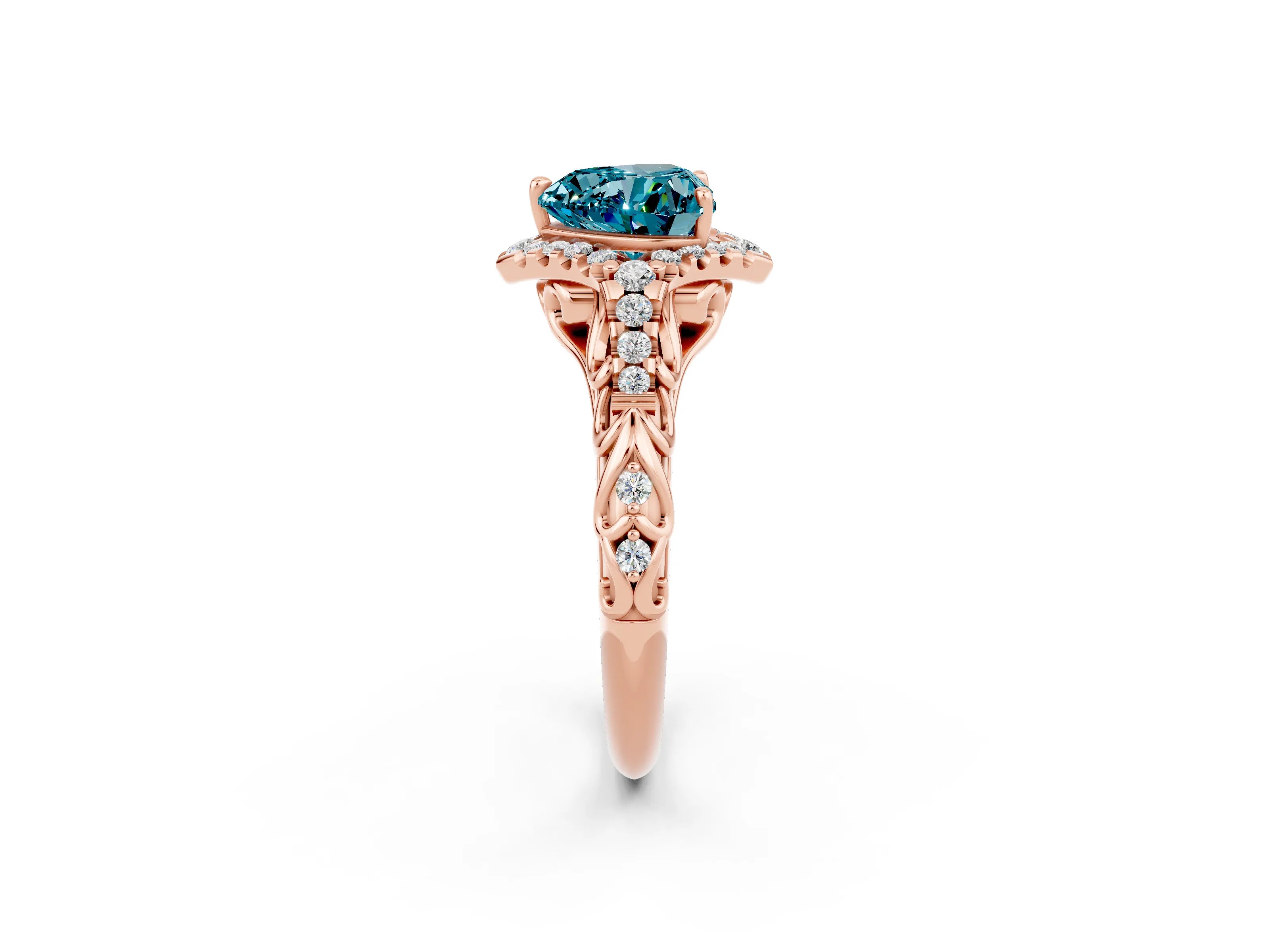 Rose gold Heart Cut Blue Topaz Solitaire Ring with Hidden Halo and Pavé Band_14
