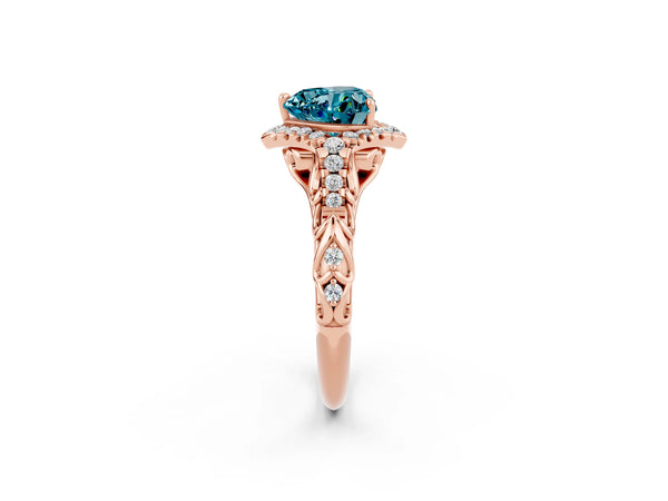 Rose gold Heart Cut Blue Topaz Solitaire Ring with Hidden Halo and Pavé Band