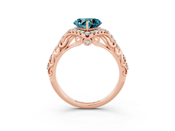 Rose gold Heart Cut Blue Topaz Solitaire Ring with Hidden Halo and Pavé Band