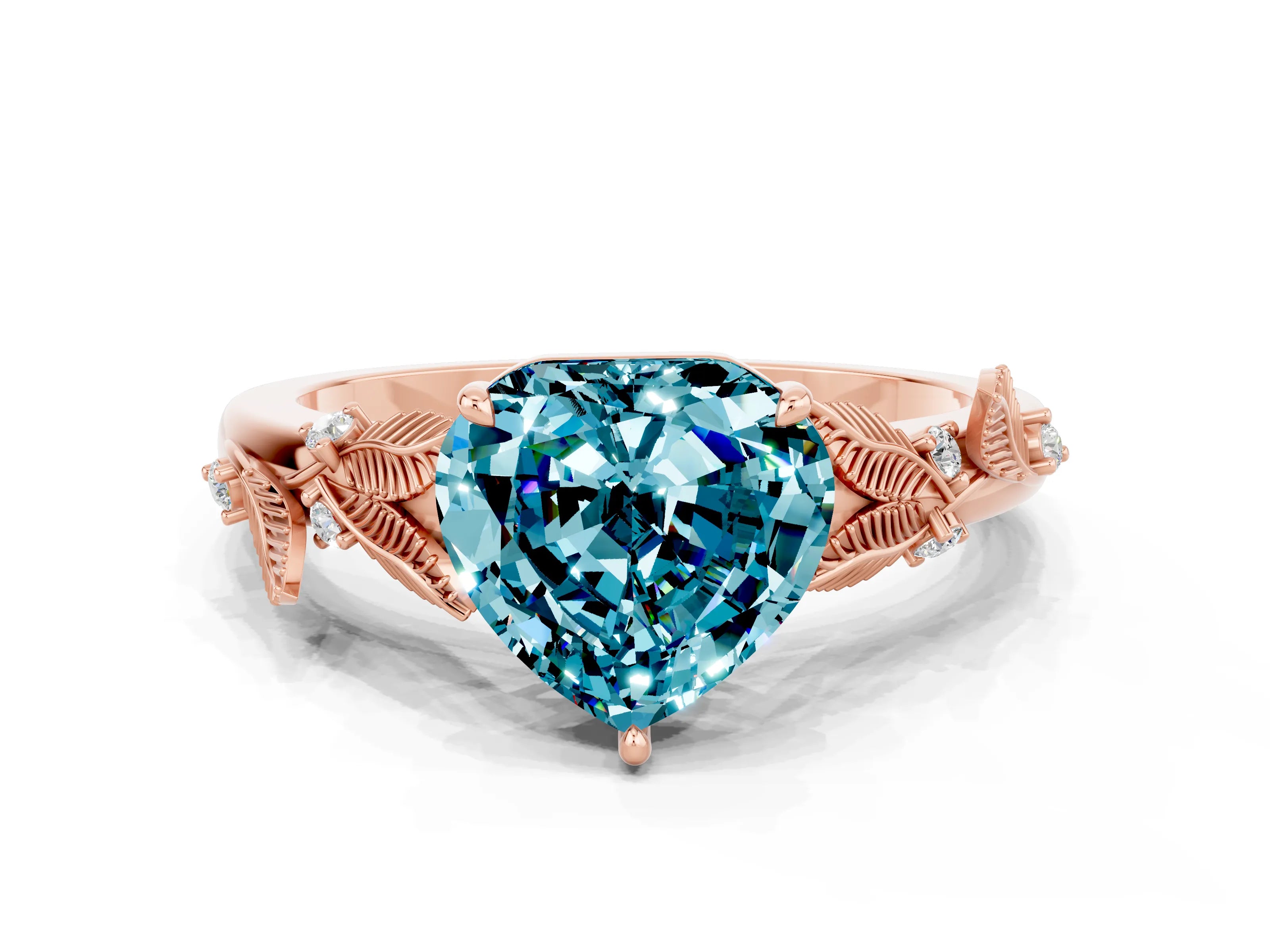 Rose gold Heart Cut Blue Topaz Solitaire Ring with Leaf Motif Band and Four-Prong Setting