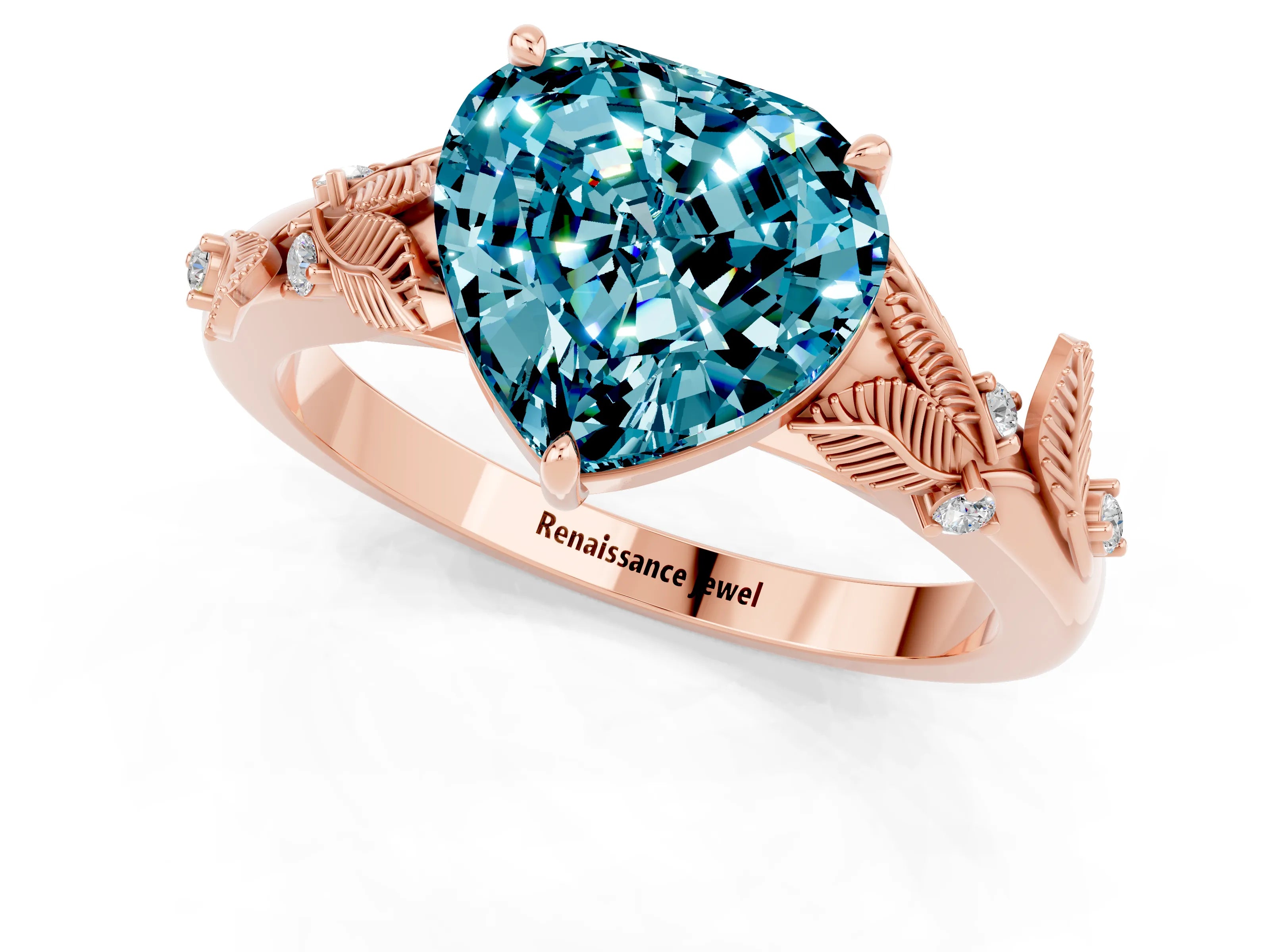 Rose gold Heart Cut Blue Topaz Solitaire Ring with Leaf Motif Band and Four-Prong Setting_1