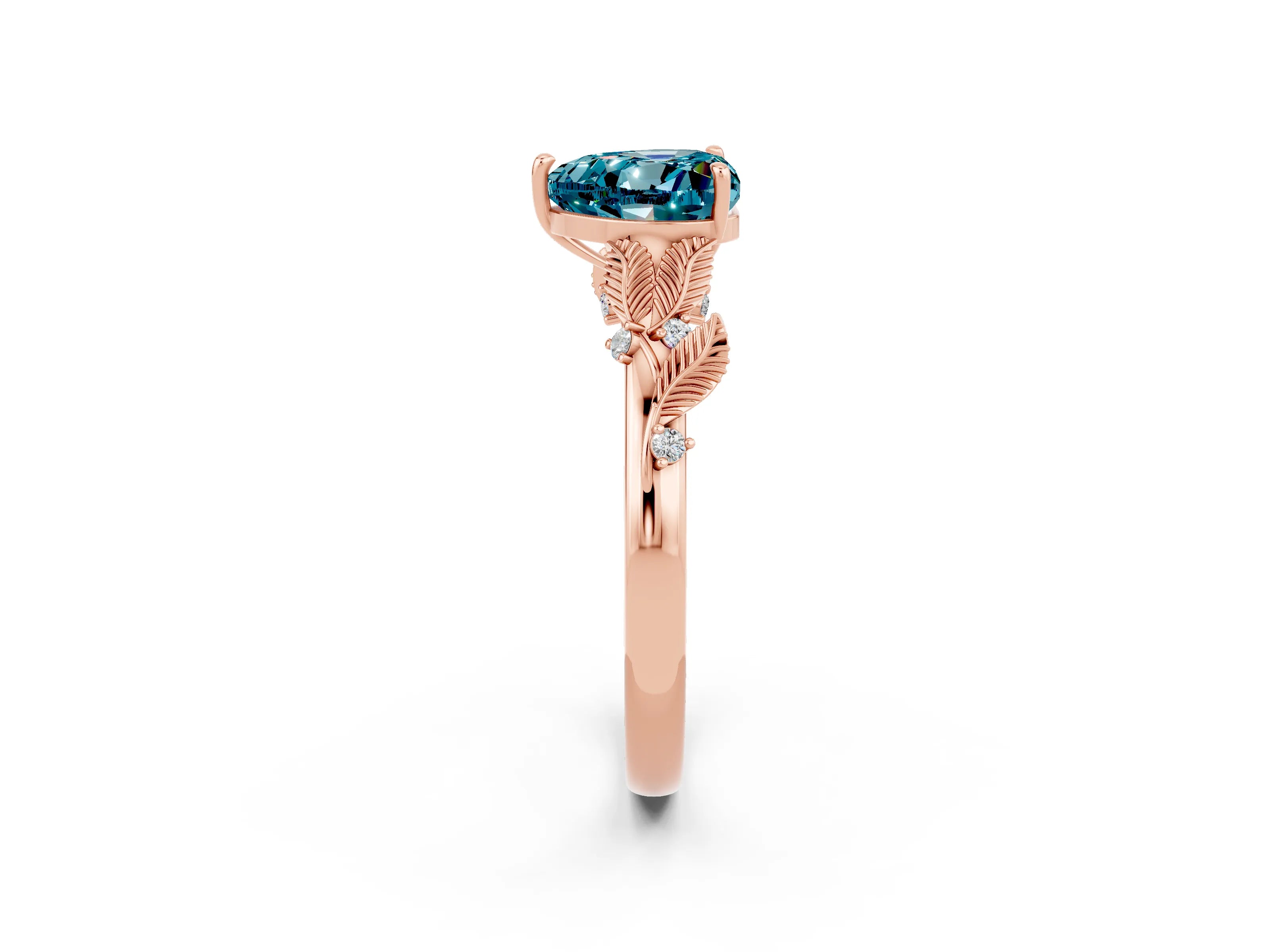 Rose gold Heart Cut Blue Topaz Solitaire Ring with Leaf Motif Band and Four-Prong Setting_2