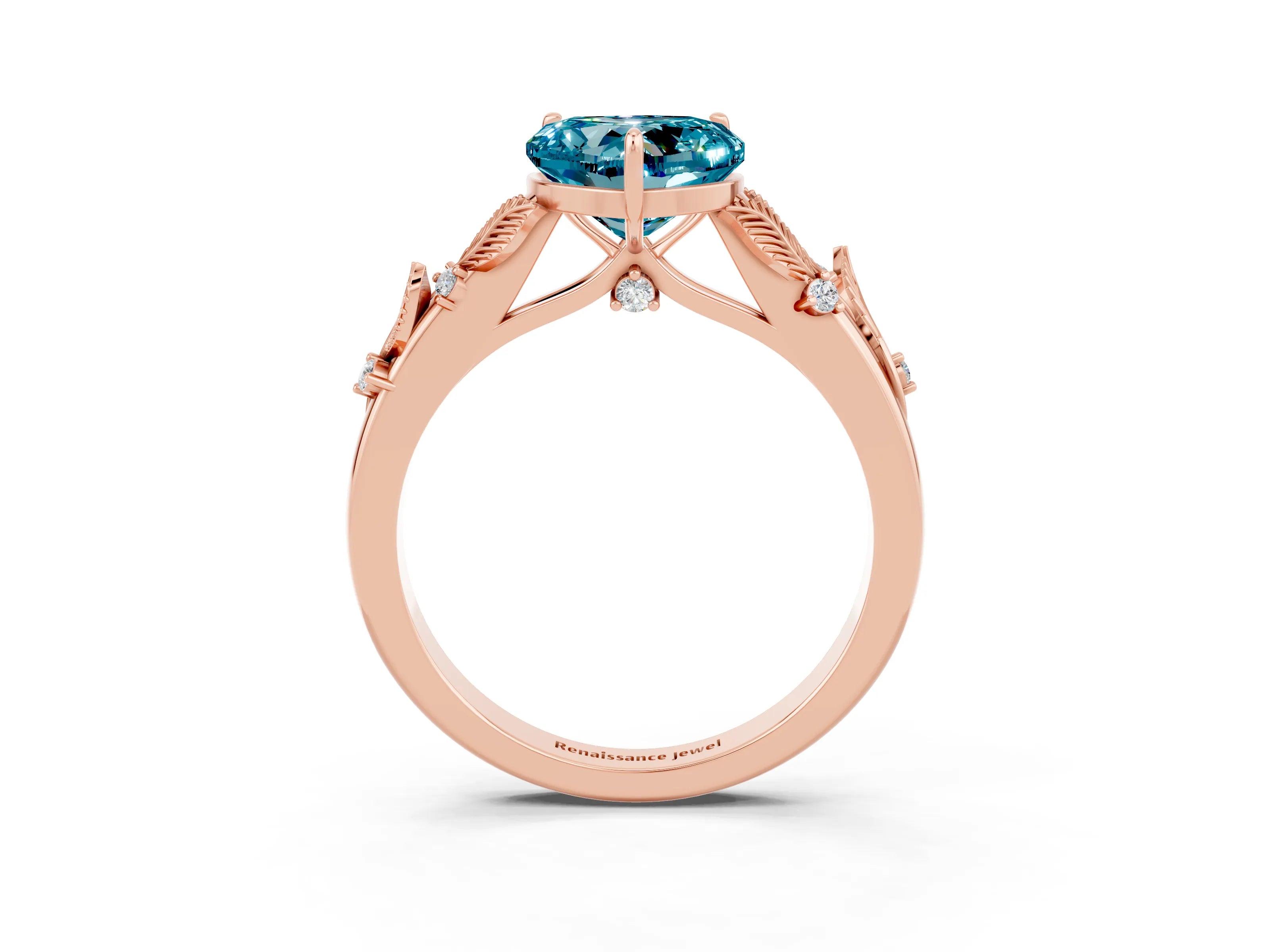Rose gold Heart Cut Blue Topaz Solitaire Ring with Leaf Motif Band and Four-Prong Setting_3