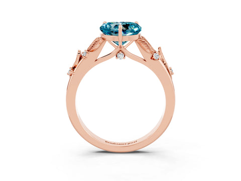 Rose gold Heart Cut Blue Topaz Solitaire Ring with Leaf Motif Band and Four-Prong Setting_3