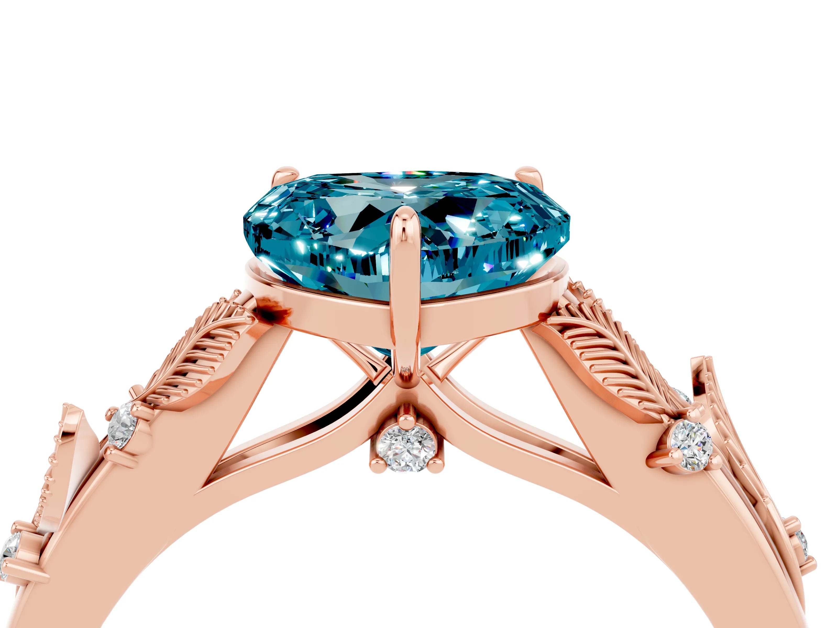 Rose gold Heart Cut Blue Topaz Solitaire Ring with Leaf Motif Band and Four-Prong Setting_4