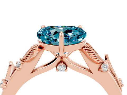 Rose gold Heart Cut Blue Topaz Solitaire Ring with Leaf Motif Band and Four-Prong Setting_4