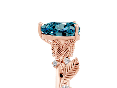 Rose gold Heart Cut Blue Topaz Solitaire Ring with Leaf Motif Band and Four-Prong Setting_5