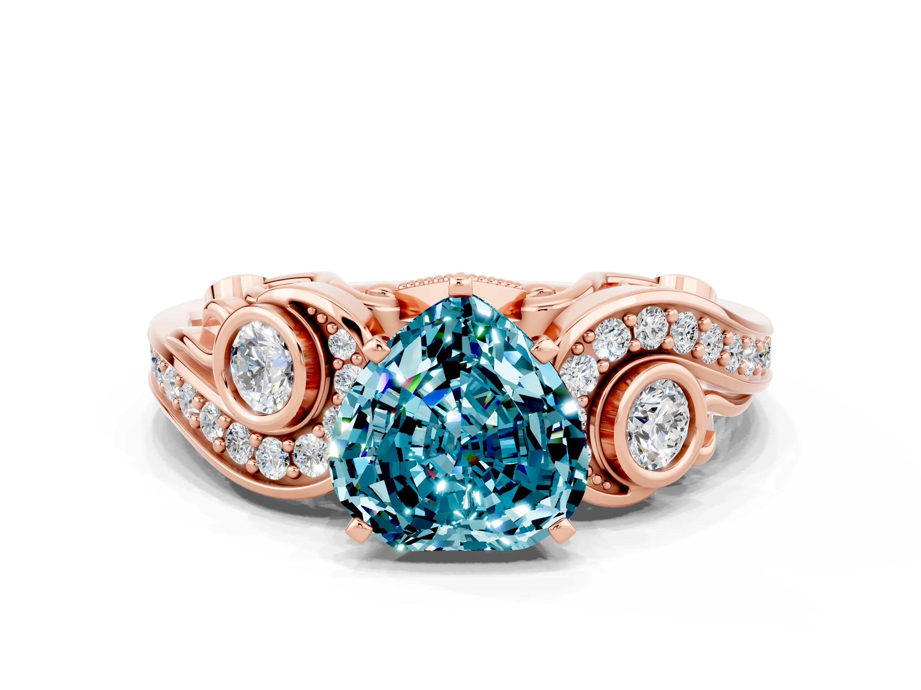 Rose gold Heart Cut Blue Topaz Solitaire Ring with Milgrain Pavé Band and Four-Prong Setting_24