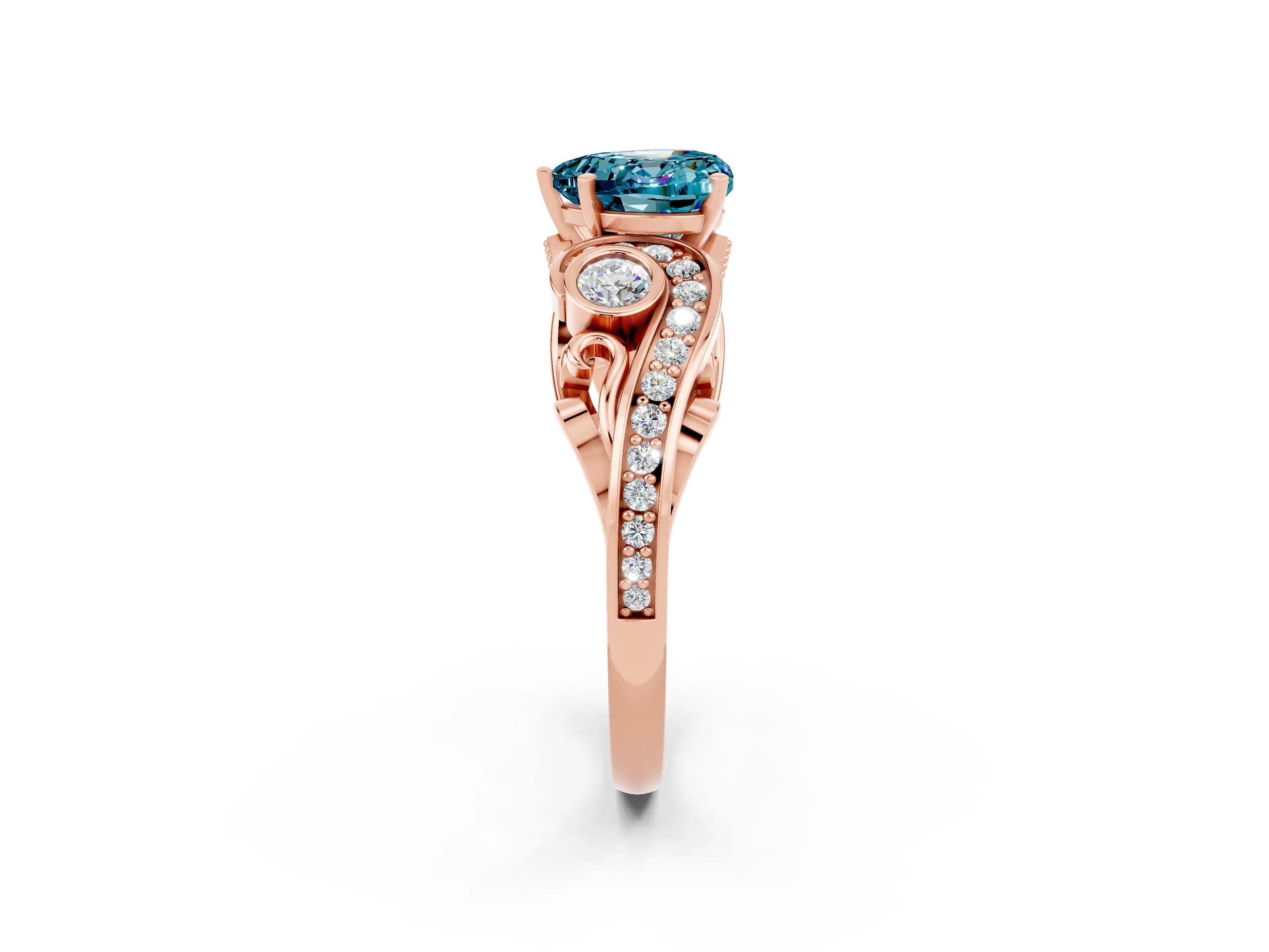 Rose gold Heart Cut Blue Topaz Solitaire Ring with Milgrain Pavé Band and Four-Prong Setting_26