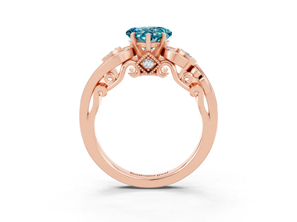 Rose gold Heart Cut Blue Topaz Solitaire Ring with Milgrain Pavé Band and Four-Prong Setting