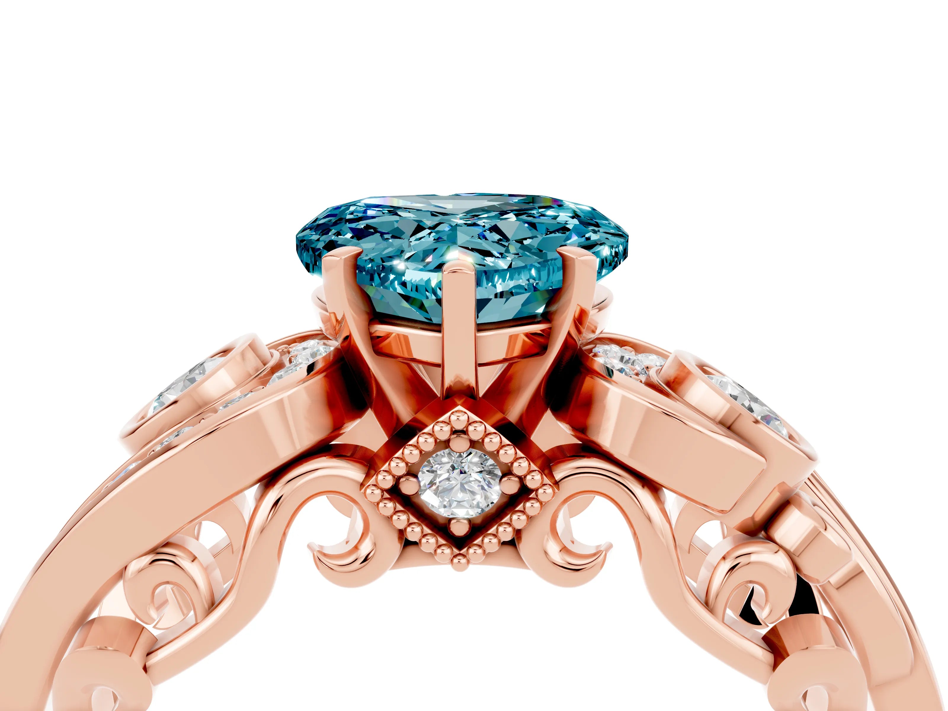 Rose gold Heart Cut Blue Topaz Solitaire Ring with Milgrain Pavé Band and Four-Prong Setting_28