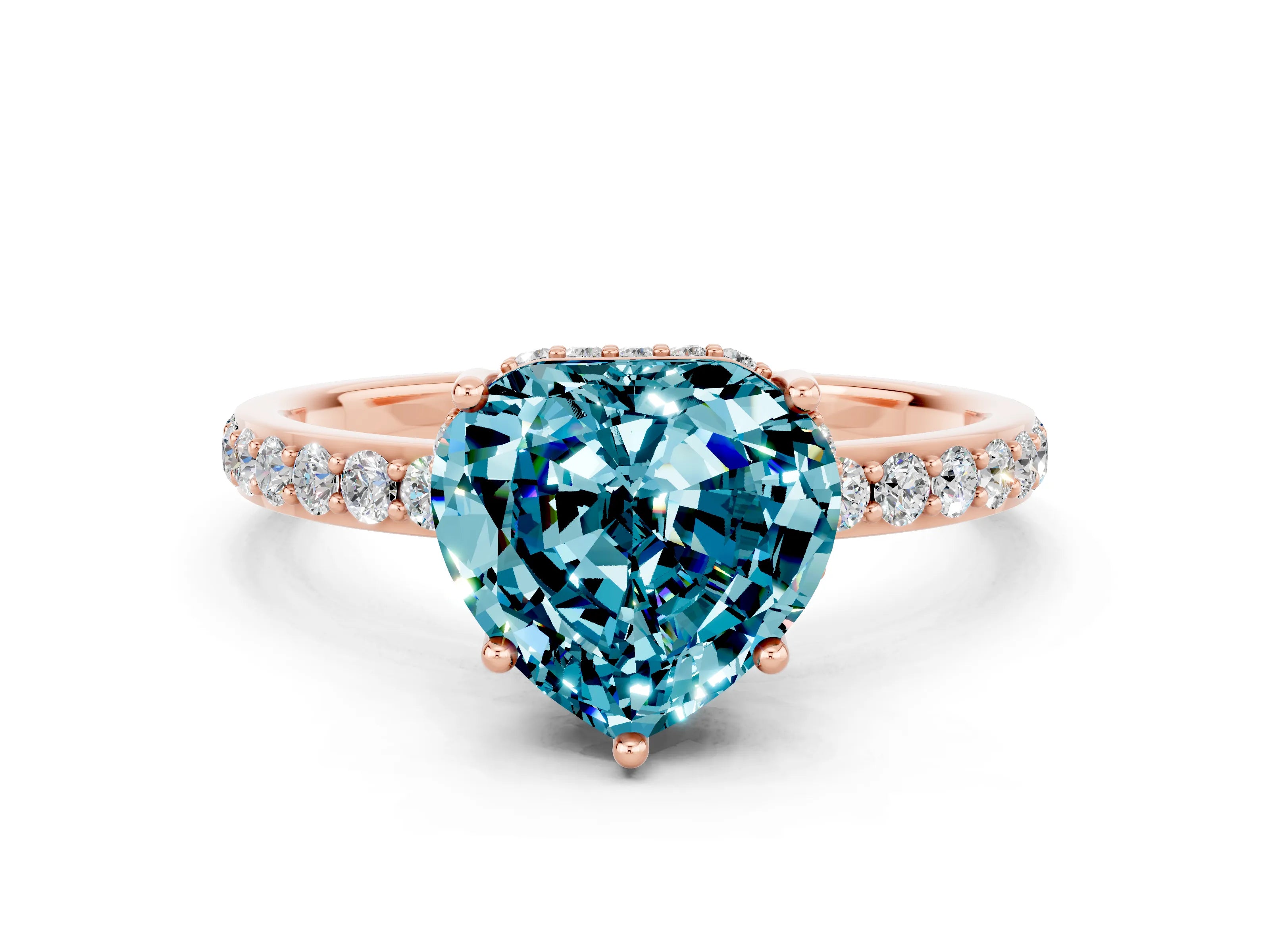 Rose gold Heart Cut Blue Topaz Solitaire Ring with Pavé Band and Hidden Halo_12