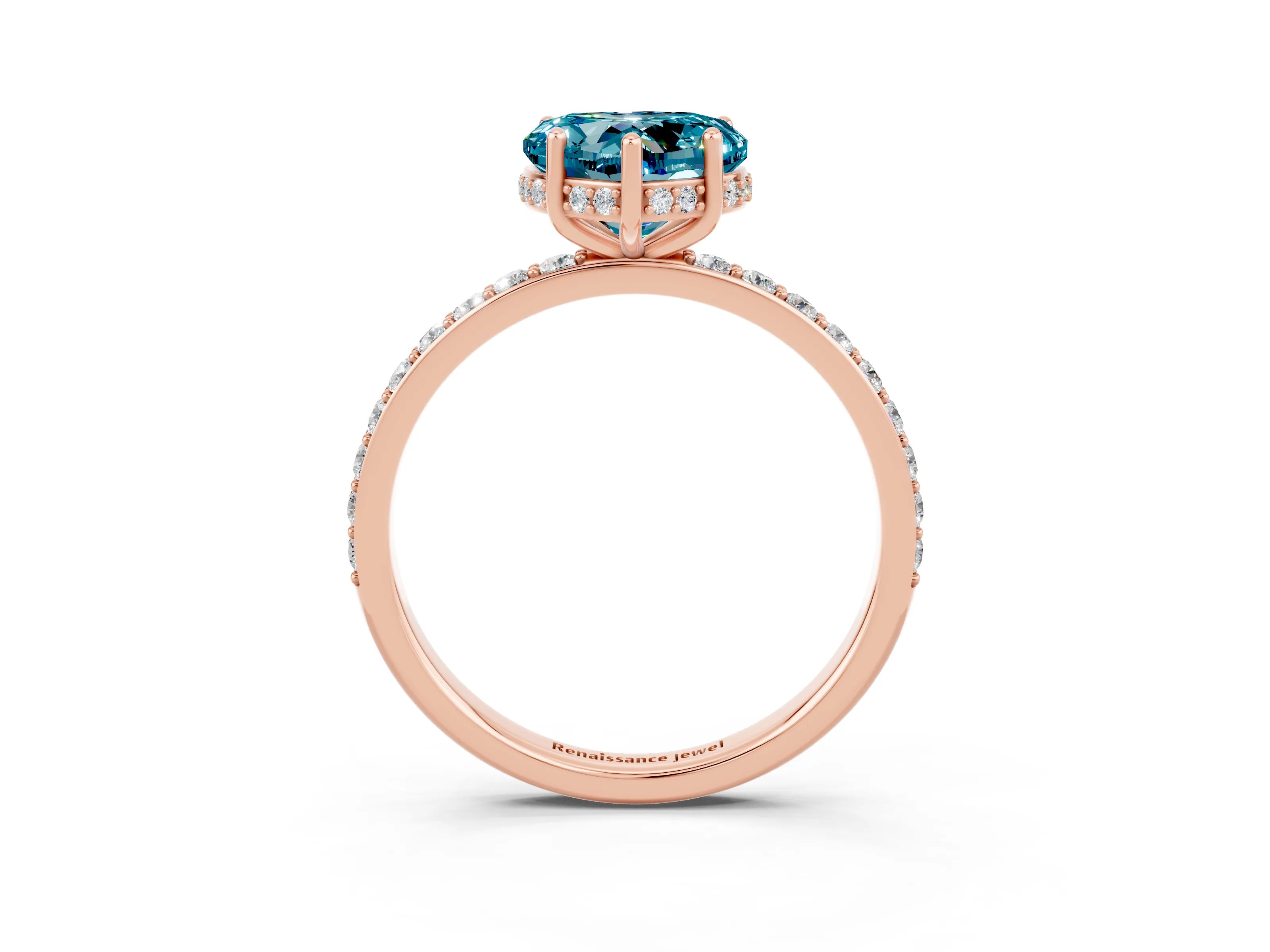 Rose gold Heart Cut Blue Topaz Solitaire Ring with Pavé Band and Hidden Halo_15