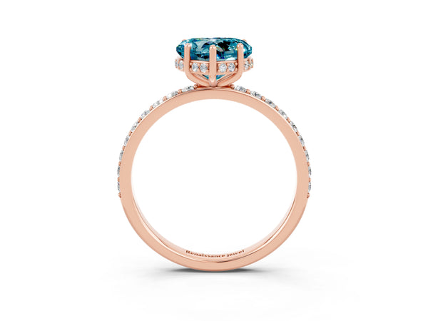 Rose gold Heart Cut Blue Topaz Solitaire Ring with Pavé Band and Hidden Halo
