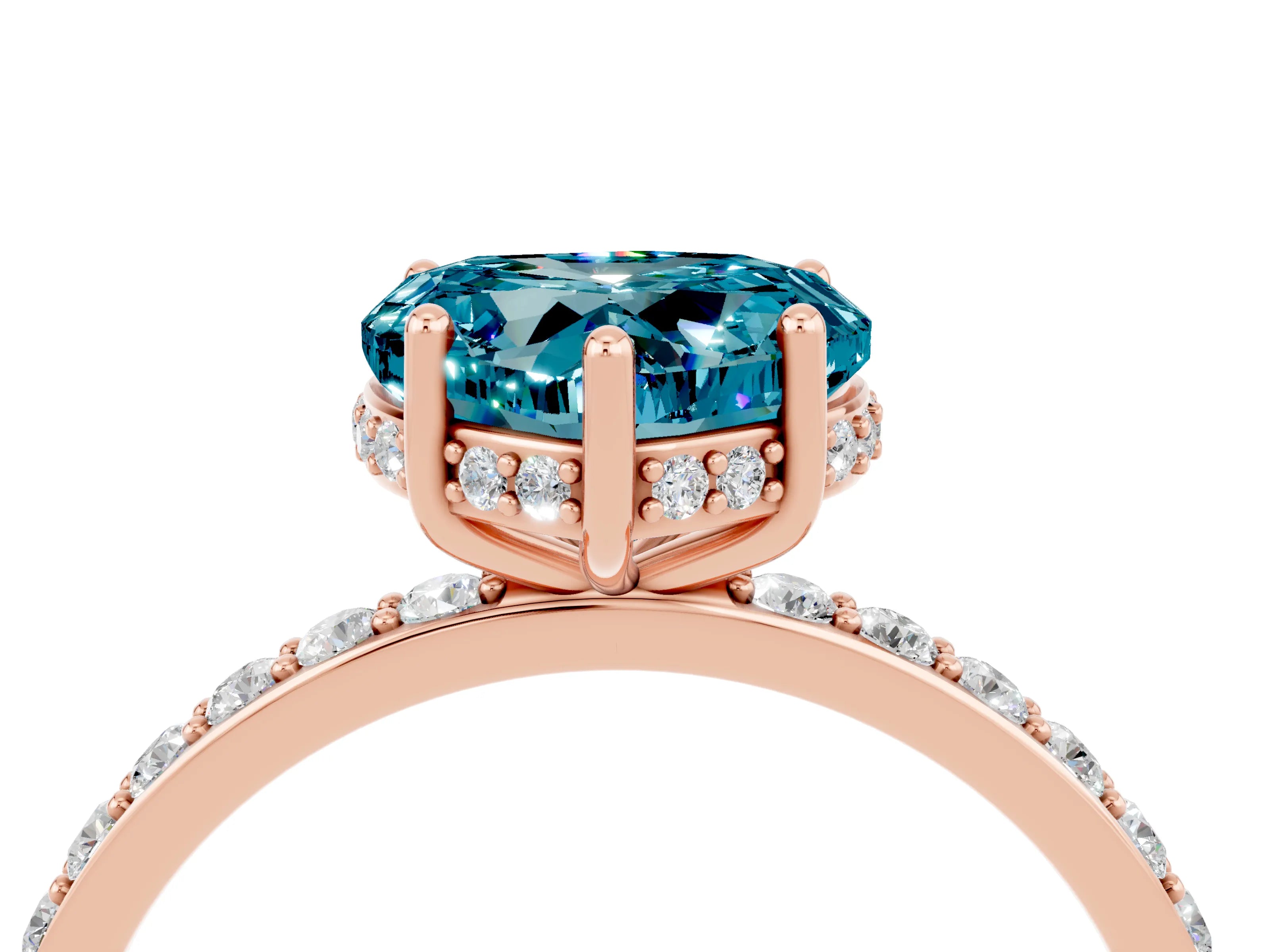 Rose gold Heart Cut Blue Topaz Solitaire Ring with Pavé Band and Hidden Halo_16