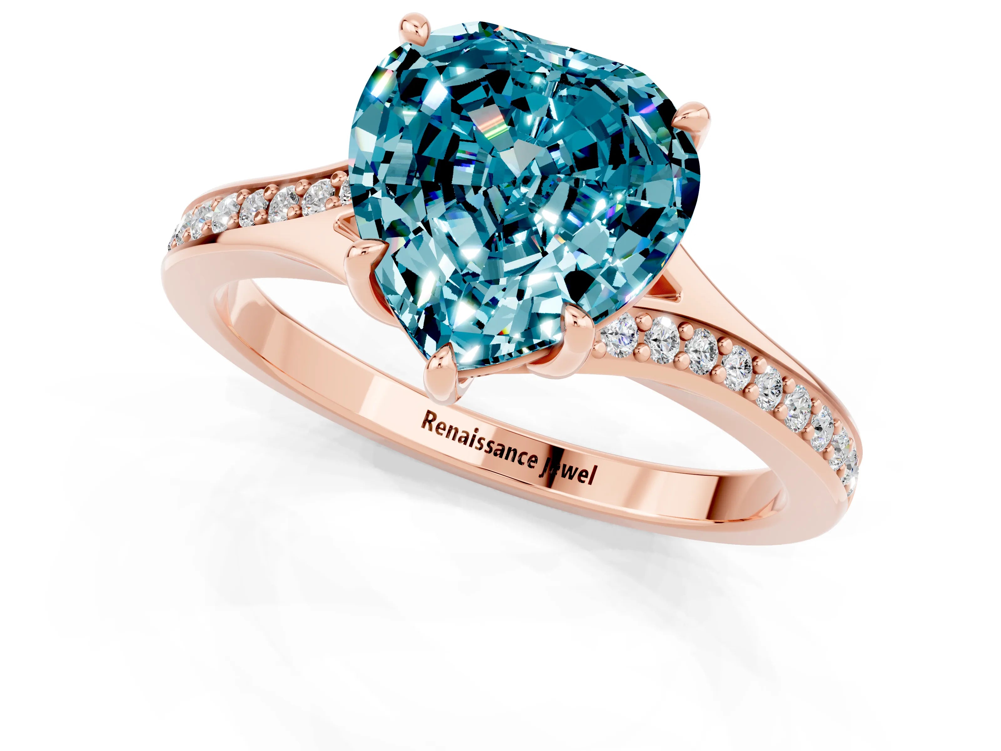 Rose gold Heart Cut Blue Topaz Solitaire Ring with Pavé Band and Prong Setting_13