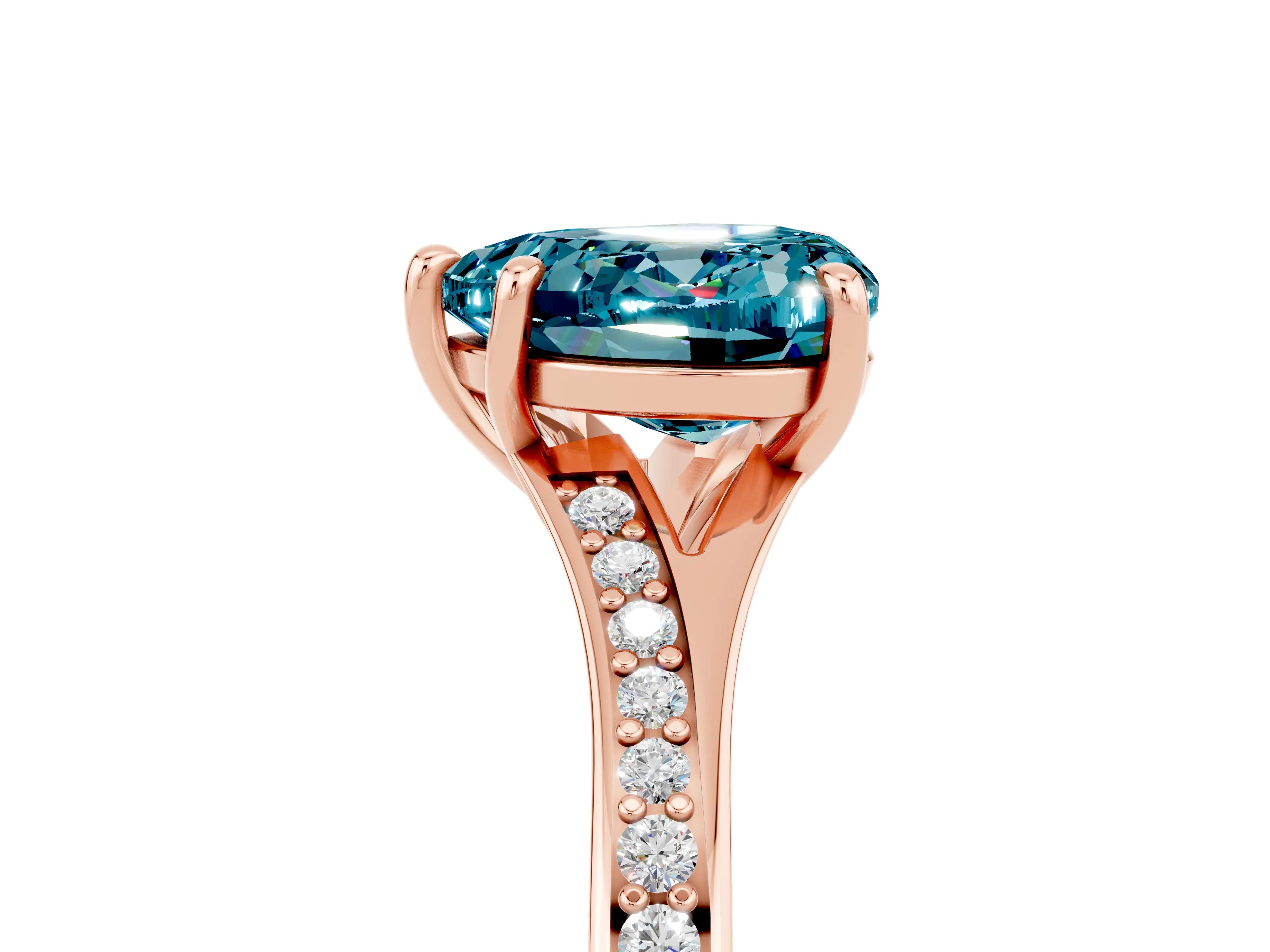 Rose gold Heart Cut Blue Topaz Solitaire Ring with Pavé Band and Prong Setting_17