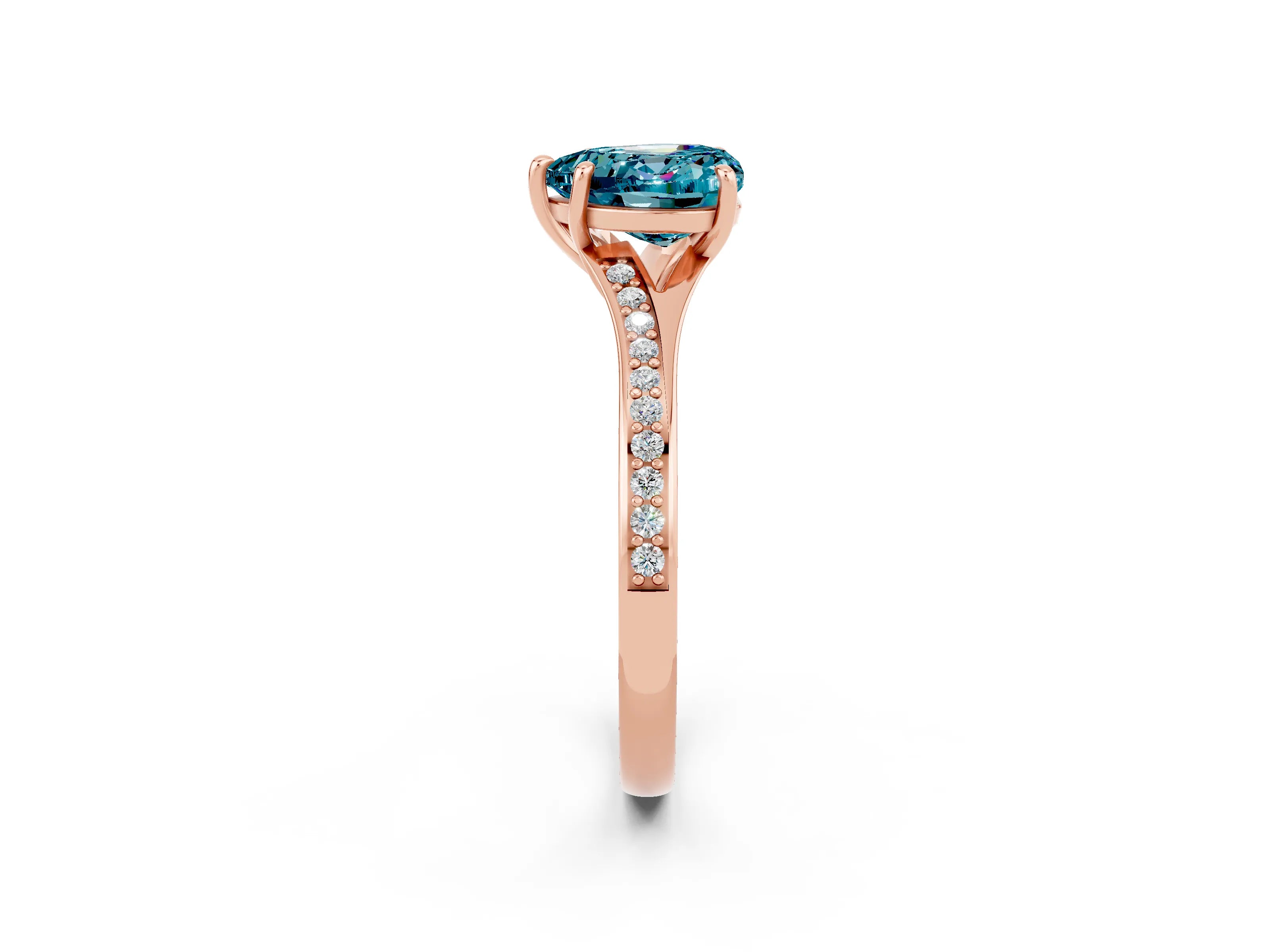 Rose gold Heart Cut Blue Topaz Solitaire Ring with Pavé Band and Prong Setting_2