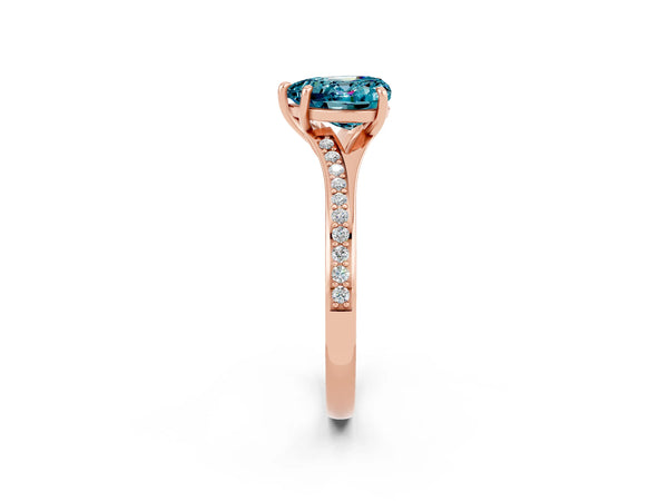 Rose gold Heart Cut Blue Topaz Solitaire Ring with Pavé Band and Prong Setting