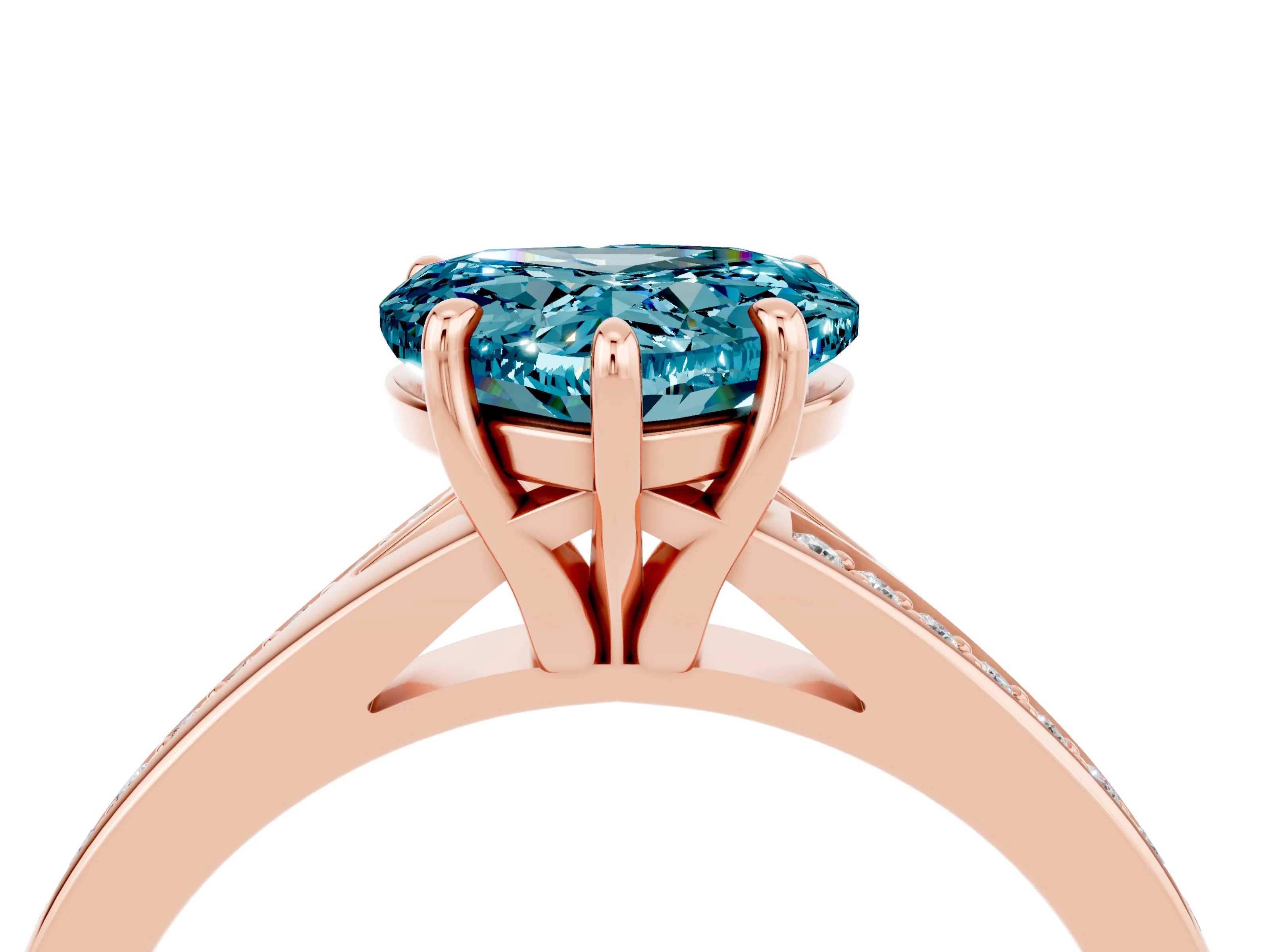 Rose gold Heart Cut Blue Topaz Solitaire Ring with Pavé Band and Prong Setting_4