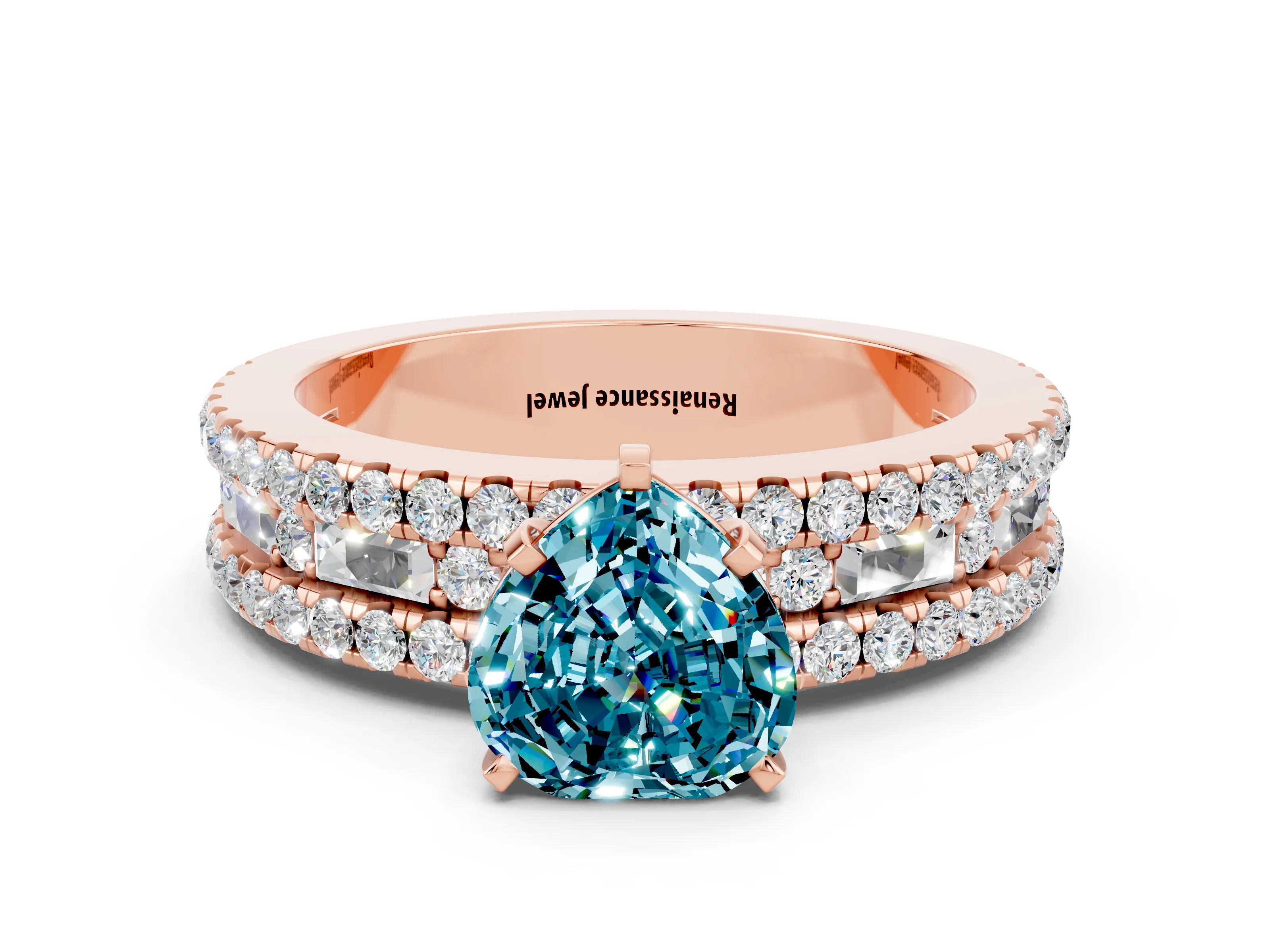 Rose gold Heart Cut Blue Topaz Solitaire Ring with Pavé and Channel Set Band