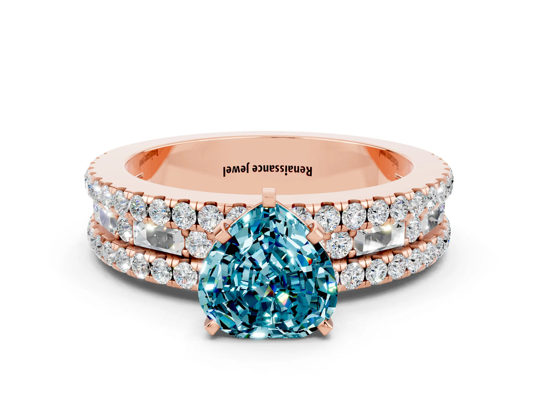 Rose gold Heart Cut Blue Topaz Solitaire Ring with Pavé and Channel Set Band