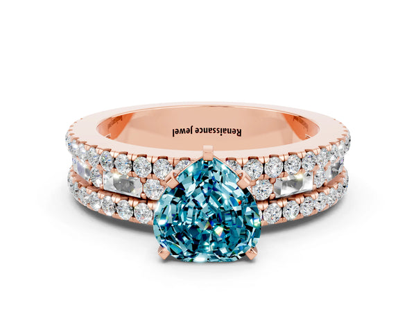 Rose gold Heart Cut Blue Topaz Solitaire Ring with Pavé and Channel Set Band