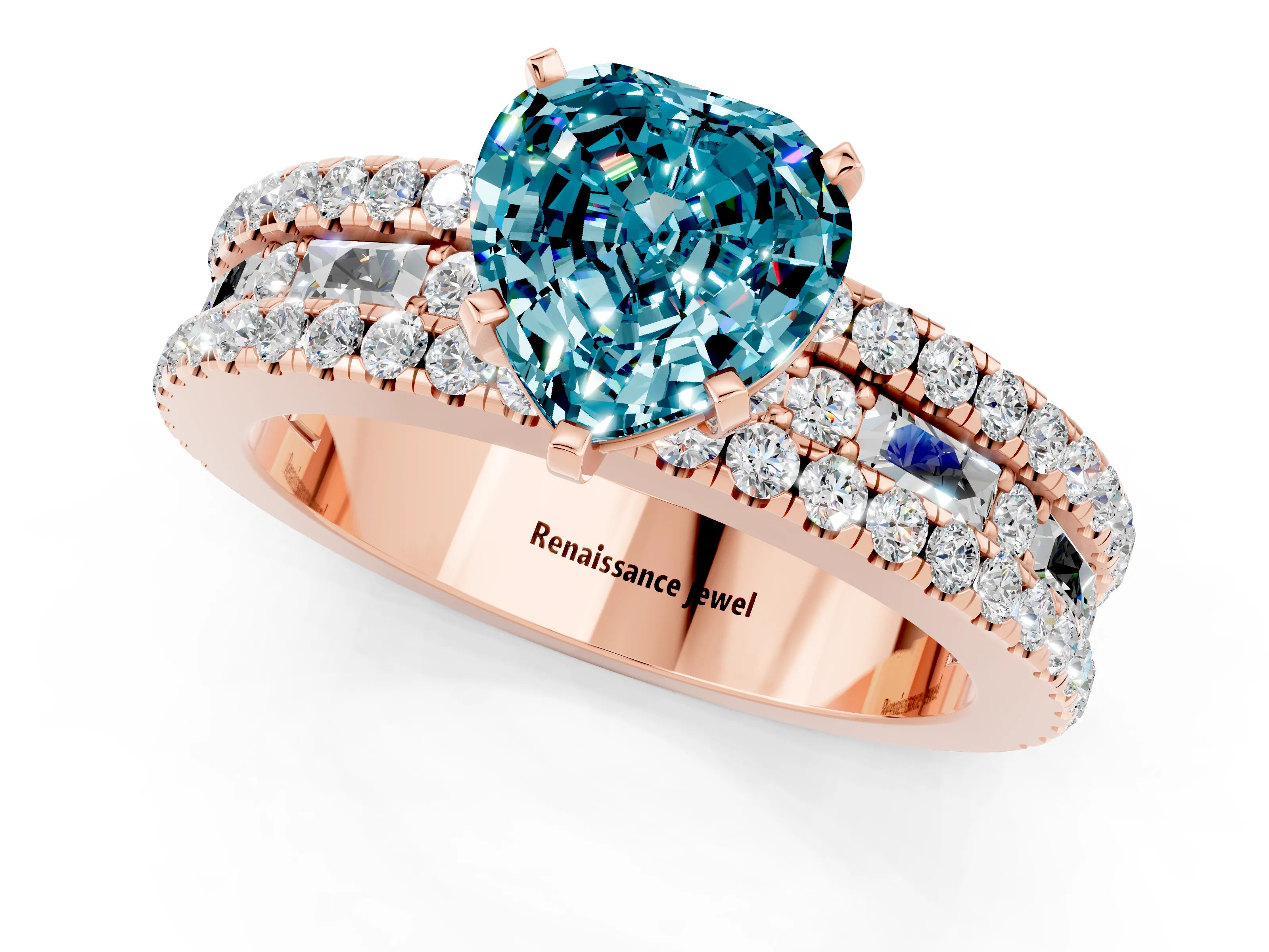 Rose gold Heart Cut Blue Topaz Solitaire Ring with Pavé and Channel Set Band_1