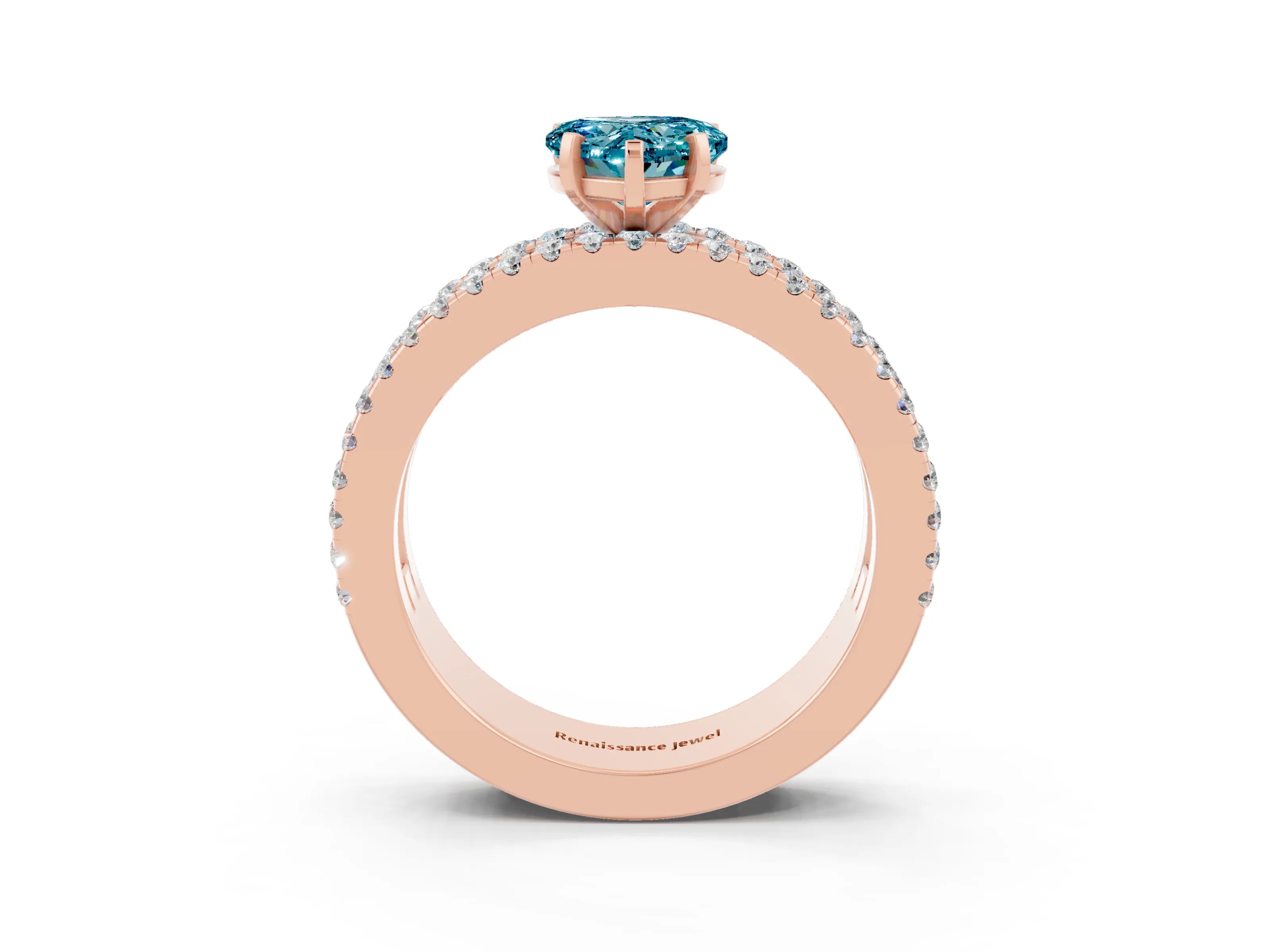 Rose gold Heart Cut Blue Topaz Solitaire Ring with Pavé and Channel Set Band_3