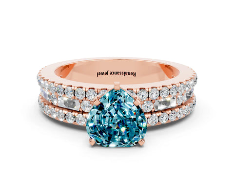 Rose gold Heart Cut Blue Topaz Solitaire Ring with Pavé and Channel Set Band